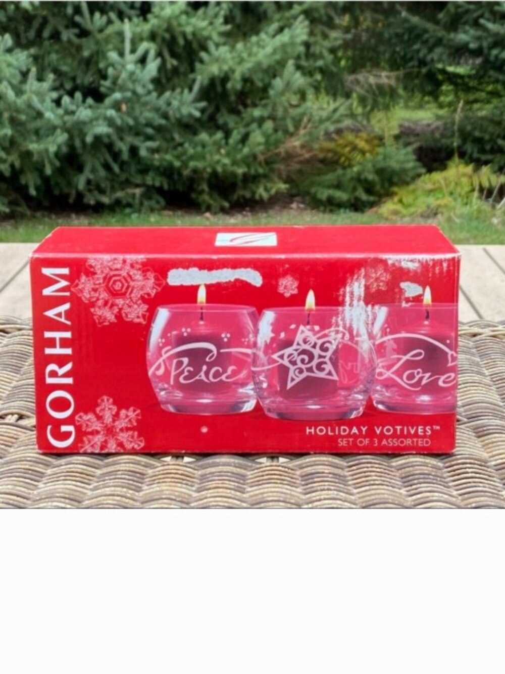 New Gorham Crystal Candle Holders Peace Joy Love Christmas Holiday Set of 3 Box